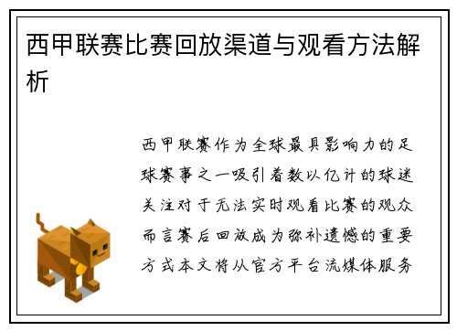 西甲联赛比赛回放渠道与观看方法解析